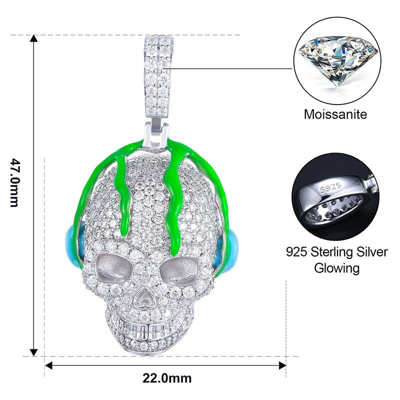 Glowing Genuine VVS Lab Diamond Music On My Mind Hip Hop Chain Skull Head Phones Pendant