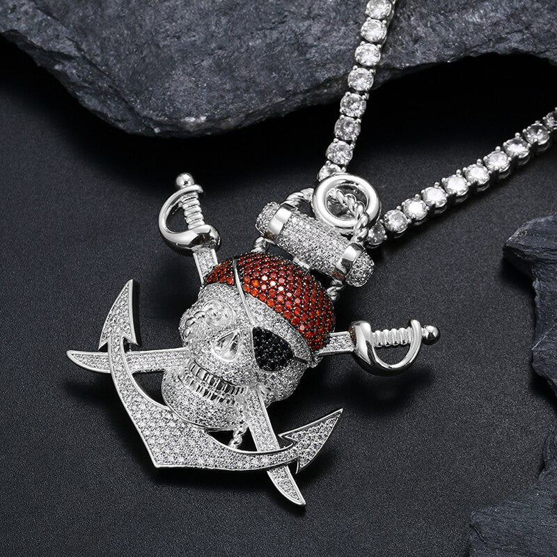 Mens Hip Hop Skull Sword Pirates Simulate Diamond Chain Pendants