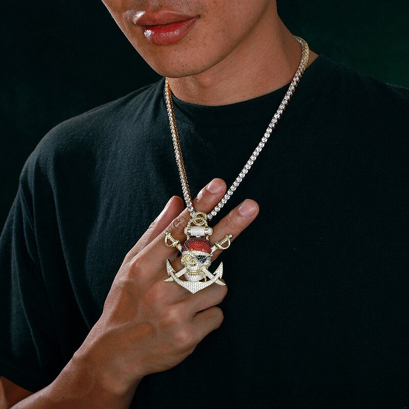 Mens Hip Hop Skull Sword One Eyed Willy Pirate Simulate Diamond Chain Pendants