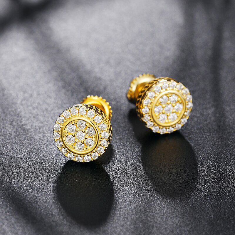 Genuine VVS Diamond Round Wheel Solid Sterling Silver Street Wear Iced Earrings