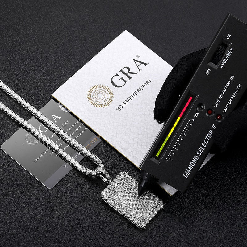Mens Genuine VVS Lab Diamond Squared Tag Solid Silver Hip Hop Chain Street Wear Pendants