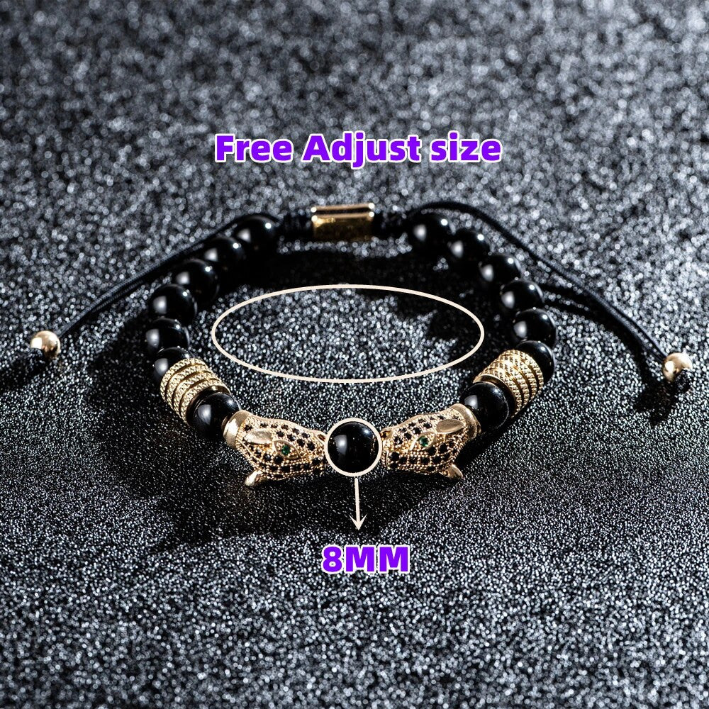 Men's No Fade Stainless Steel Double Leopard Head Tiger's Eye Street Wear Bracelets
