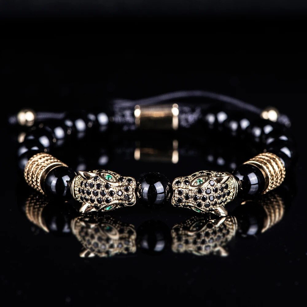 Men's No Fade Stainless Steel Double Leopard Head Tiger's Eye Street Wear Bracelets