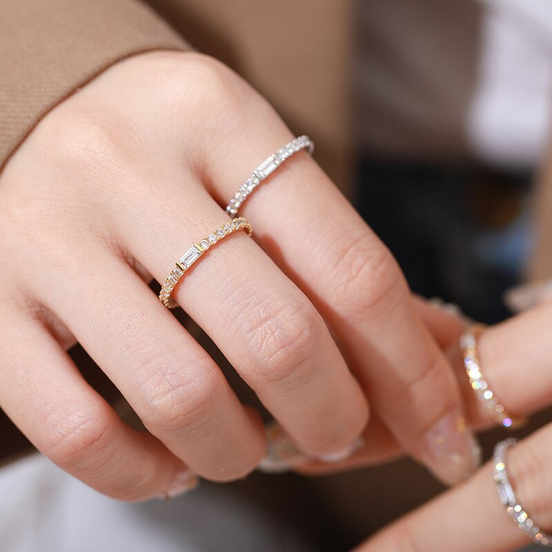 Ladies 2mm 925 Silver 18k Gold Skinny Stack Micro Pave Bling Rings