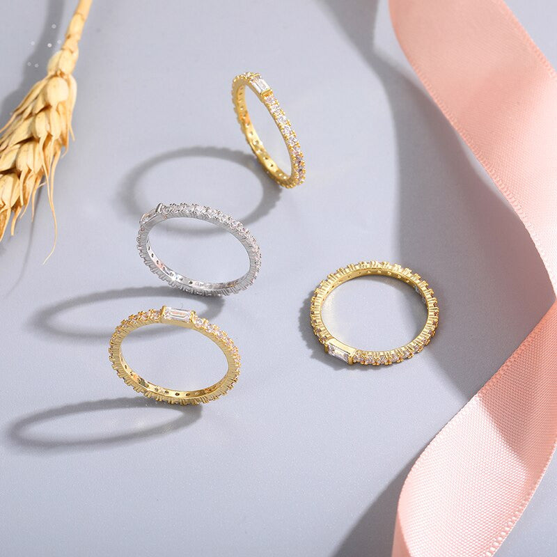 Ladies 2mm 925 Silver 18k Gold Skinny Stack Micro Pave Bling Rings