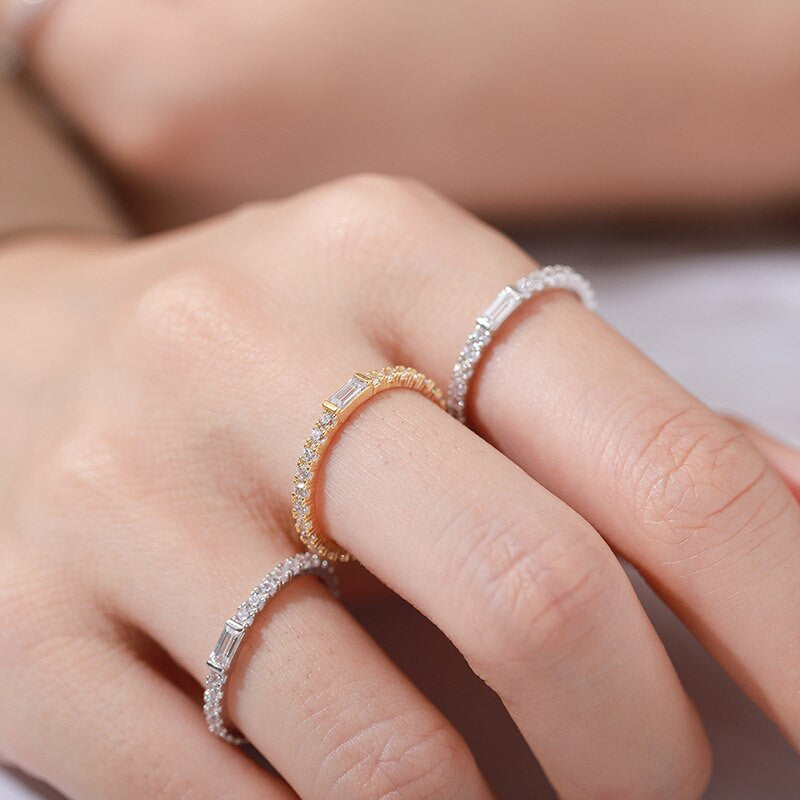 Ladies 2mm 925 Silver 18k Gold Skinny Stack Micro Pave Bling Rings