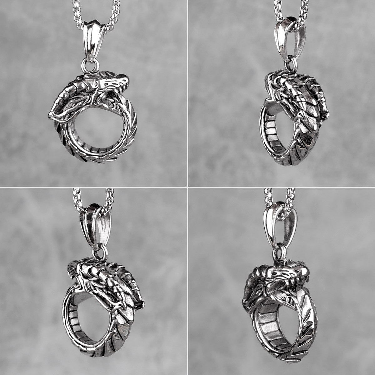 Mens Silver 14k Gold Black No Fade Stainless Steel Ouroboros Snake Serpent Pendant Chain