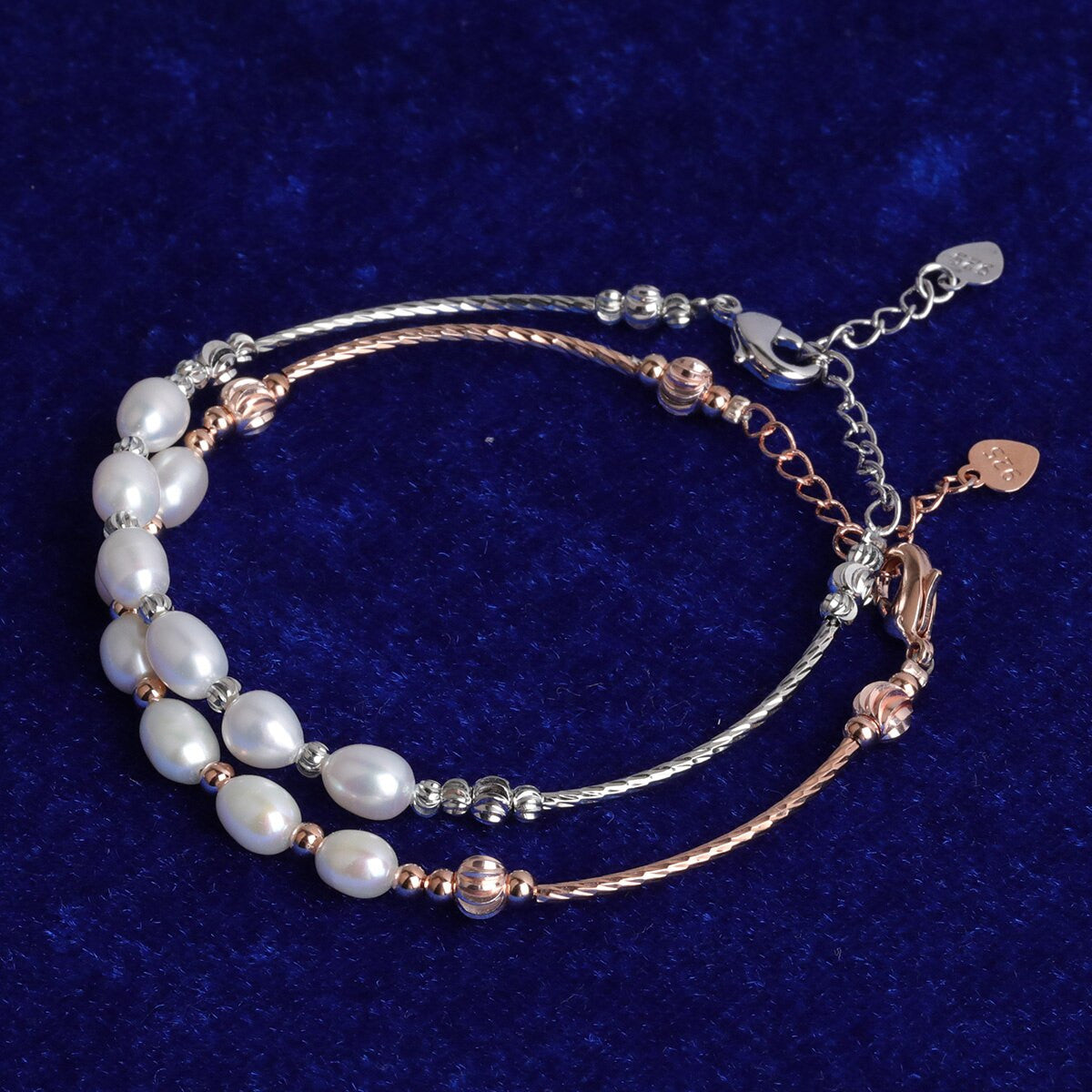 Ladies Street Wear High Fashion .925 Sterling Silver Rose Gold Designer Cut Pearl Bracelets