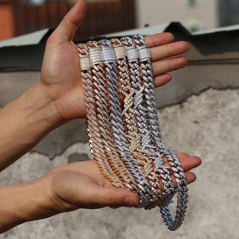 Mens Hip Hop Four Prong Cluster Stone Barbed Wire Blinged Ice Bracelet Chain Necklace Set