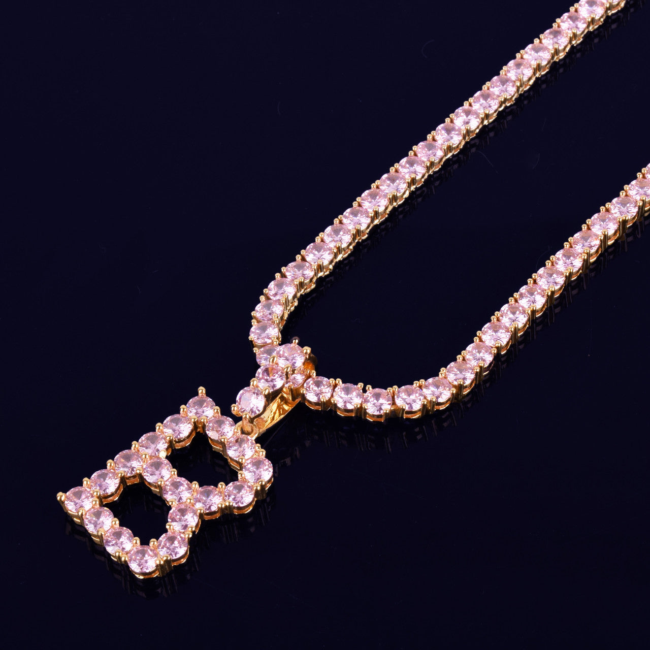 Pink Flooded Ice Simulate 18k Gold 925 Silver Tennis Letters Chain Hip Hop Pendant