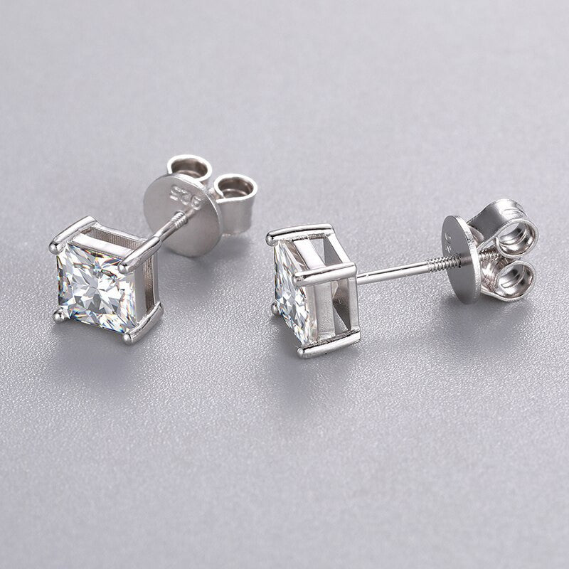 Solid Sterling Silver VVS Diamond Princess Cut 1ct Prong Set Stud Earrings