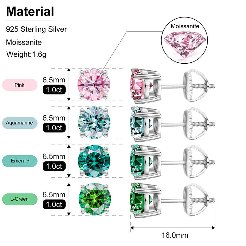 VVS 1CT Pink Yellow Green Blue Moissanite Diamond Stud Earrings