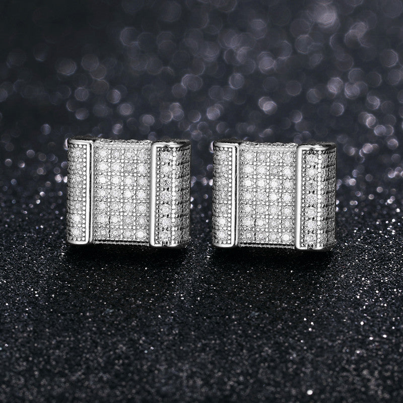 Flooded Ice Genuine Diamond Square Cut Solid Sterling Silver Hip Hop Earrings