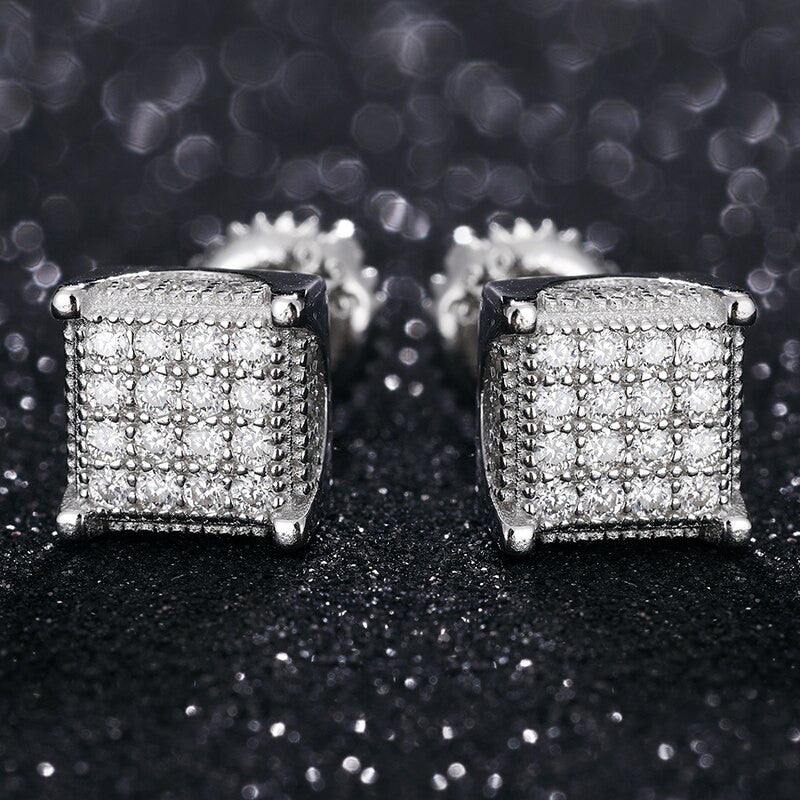 Flooded Ice 925 Solid Silver 3D Cube Genuine VVS Diamond Bling Hip Hop Earrings