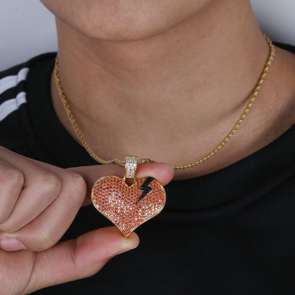 Iced Red Blinged Out 3A Stone 14k Gold Broken Heart Lightning Bold Pendant Chain Necklace