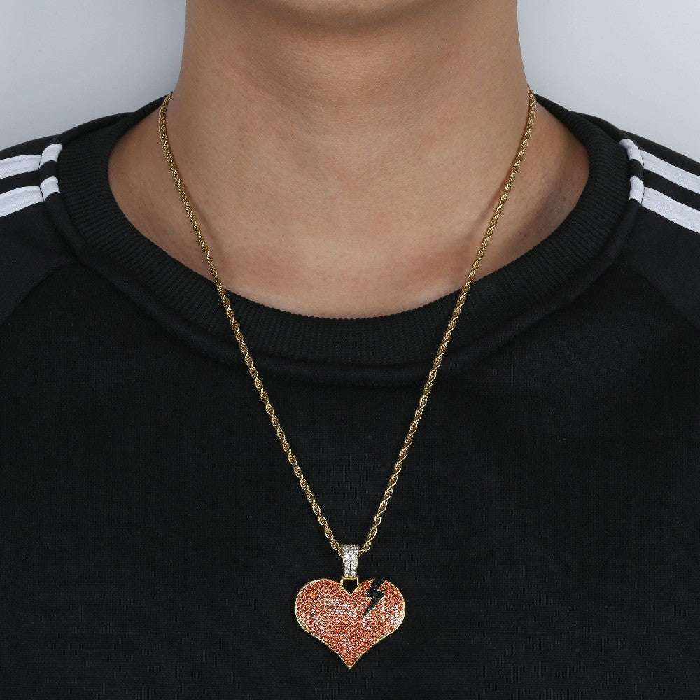 Iced Red Blinged Out 3A Stone 14k Gold Broken Heart Lightning Bold Pendant Chain Necklace
