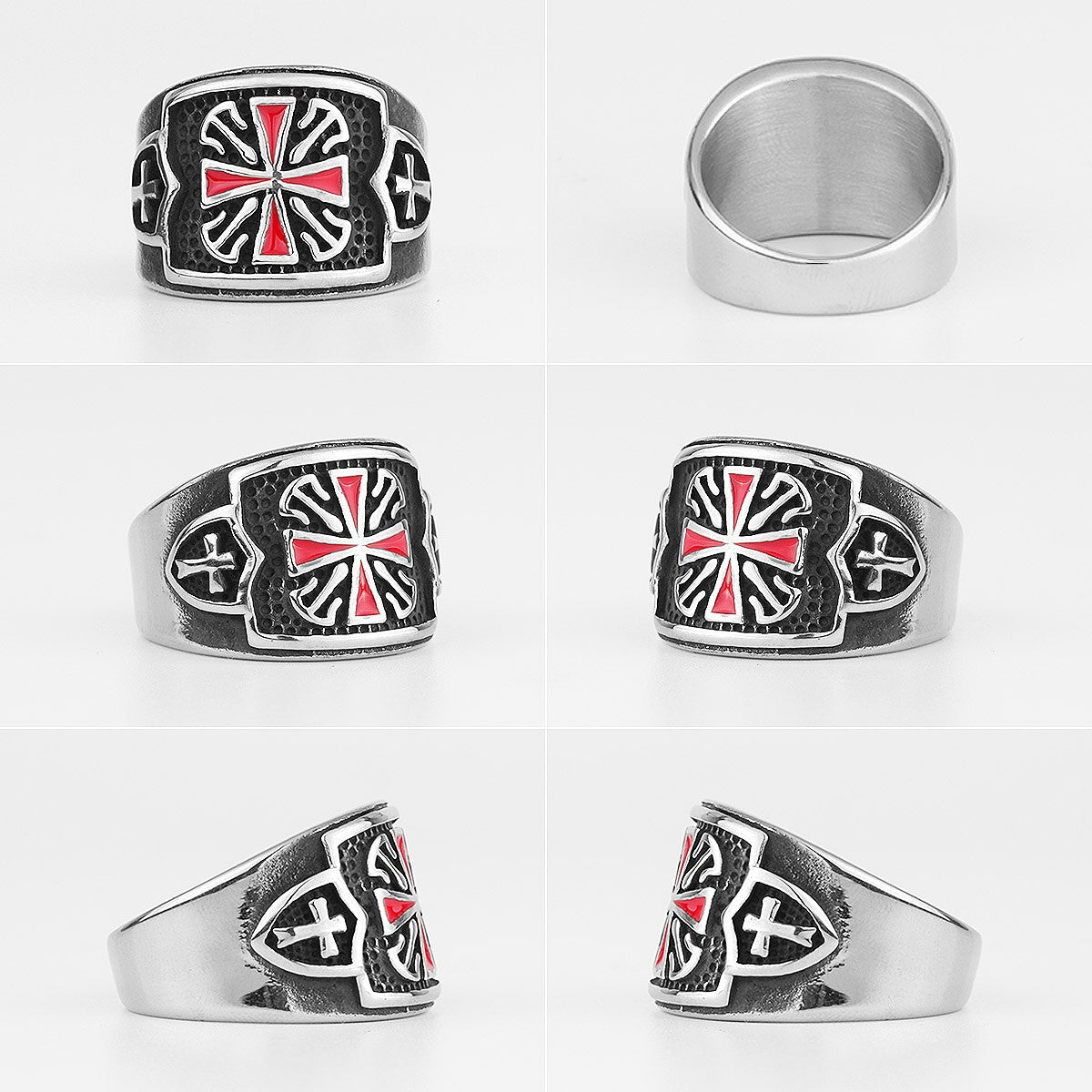 Knights Templar Red Crusaders Cross Shield No Fade Stainless Steel Mens Rings