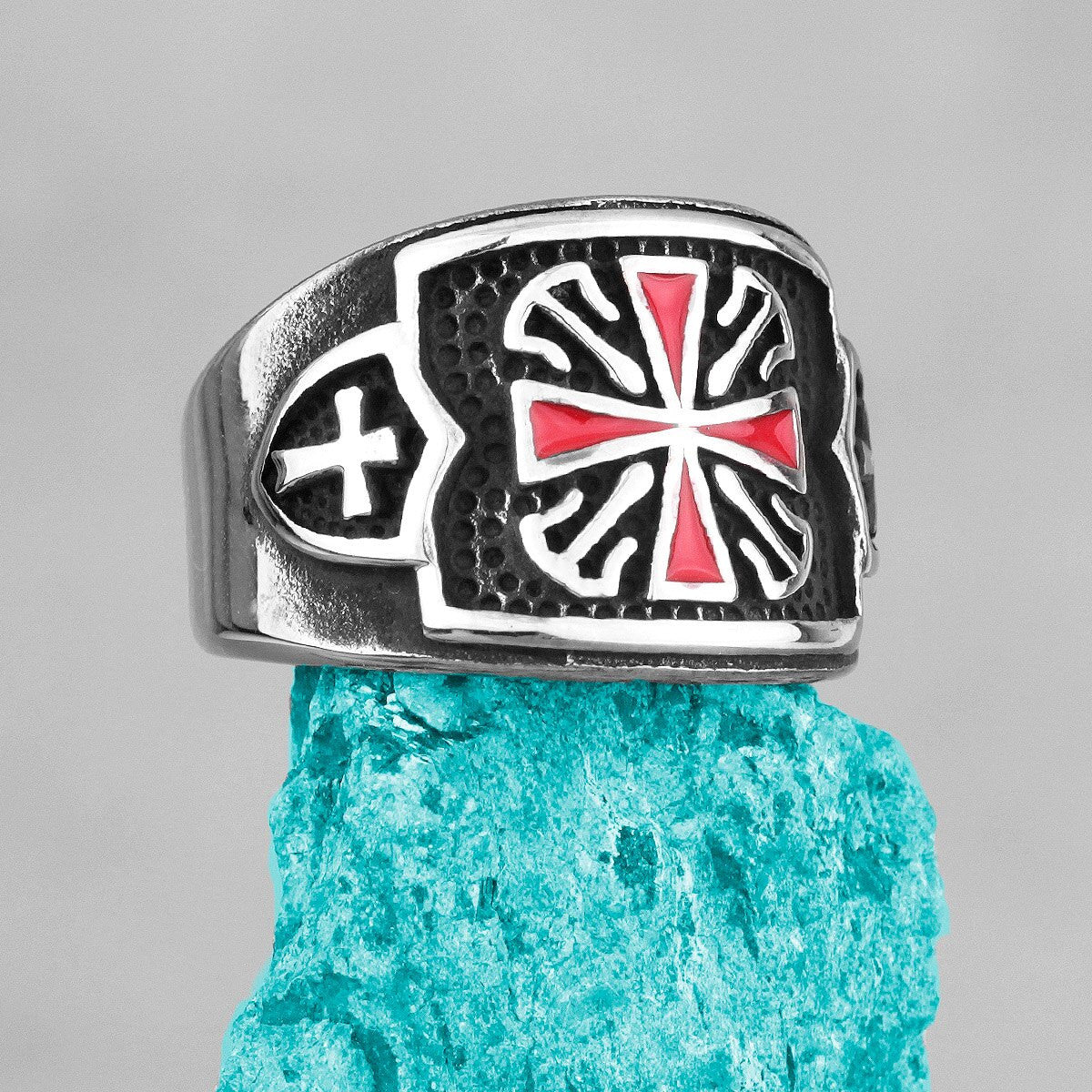  Knights Templar Red Crusaders Cross Shield No Fade Stainless Steel Mens Rings