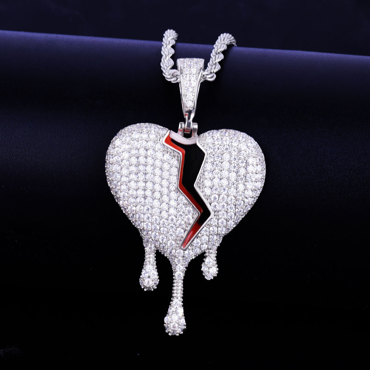 Red Oil Drip 18k Gold .925 Silver Broken Heart AAA True Micro Pave Hip Hop Pendant Chain Necklace
