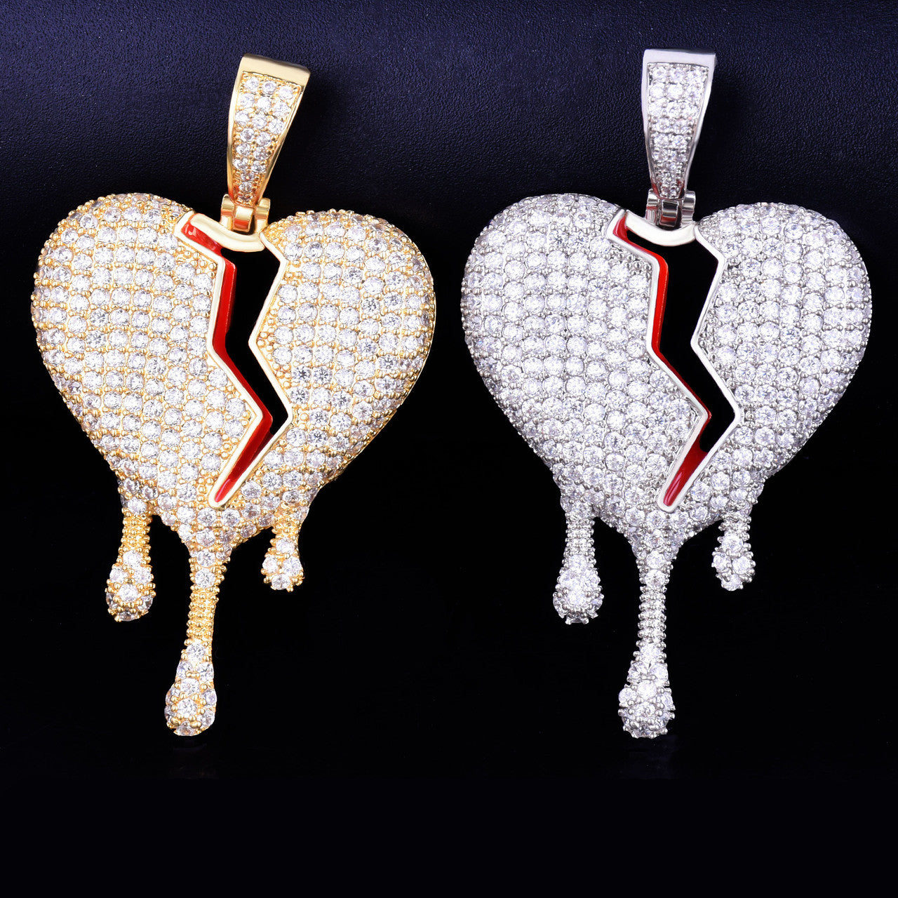 Red Oil Drip 18k Gold .925 Silver Broken Heart AAA True Micro Pave Hip Hop Pendant Chain Necklace