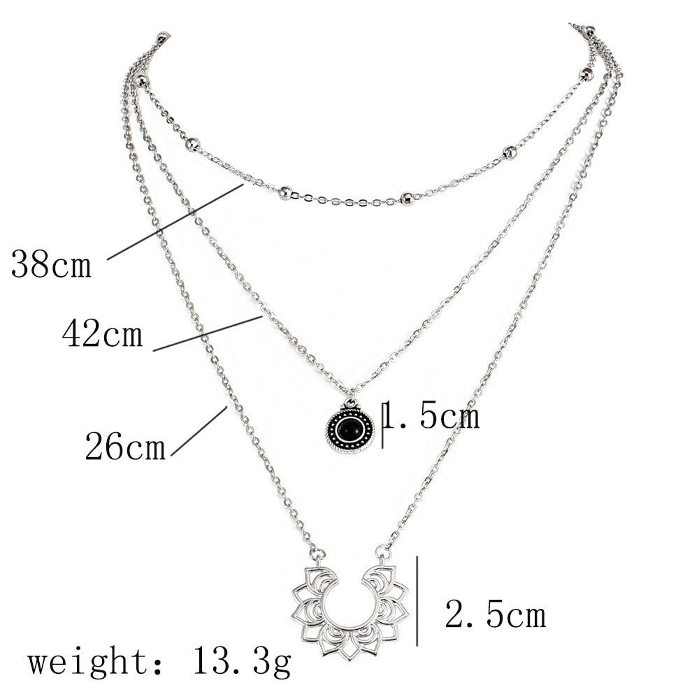 Ladies Black Crystal Semicircular Lotus Multilayer Silver Necklace Jewelry Set