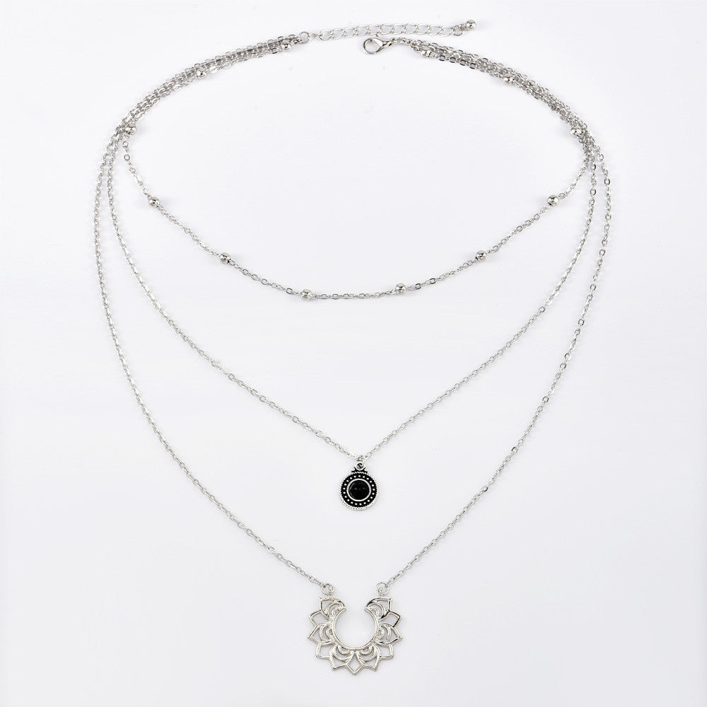 Ladies Black Crystal Semicircular Lotus Multilayer Silver Necklace Jewelry Set