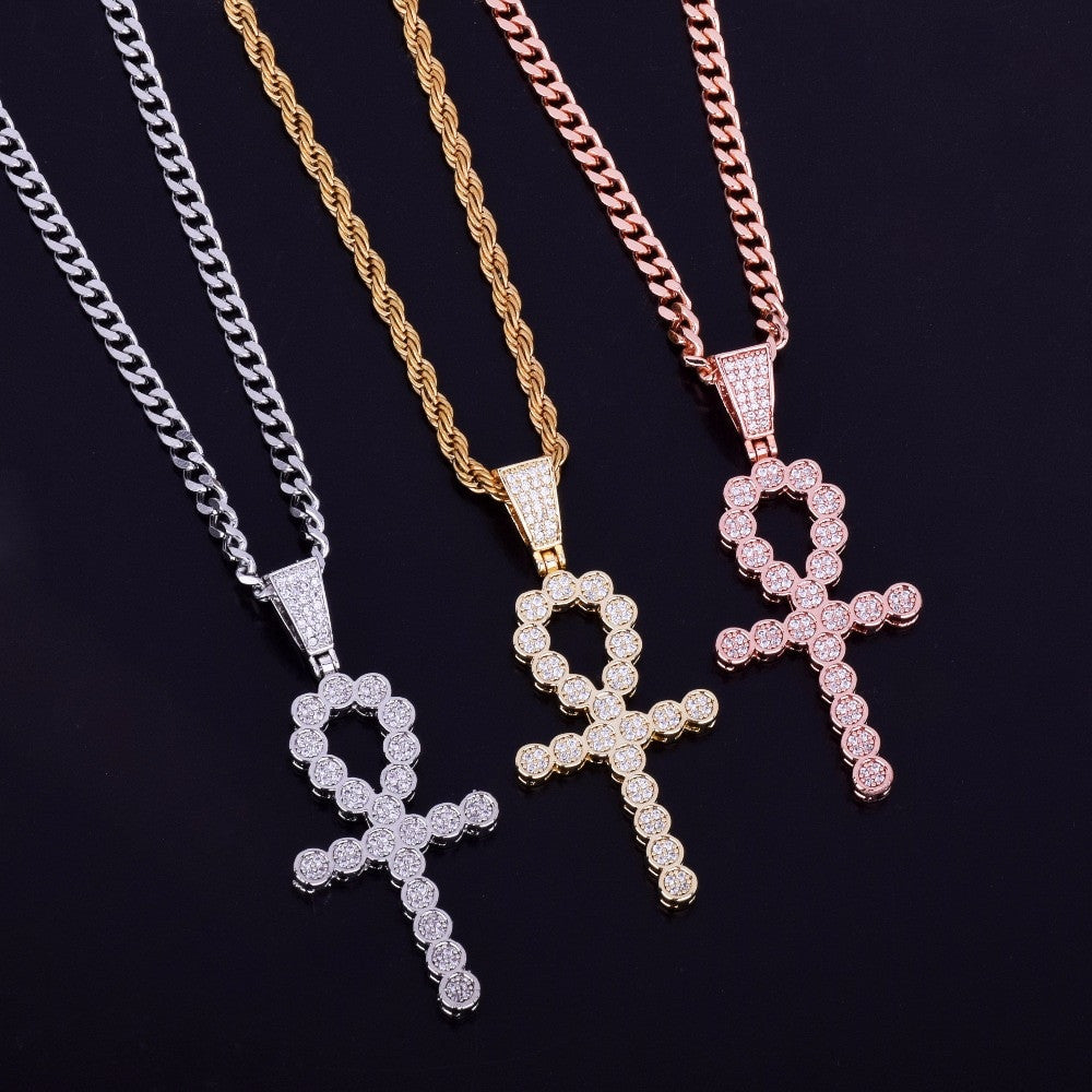 Key Of Life Ankh Cross 18k Rose Gold Silver Deep Set Micro Pave Stone Pendant Chain Necklace