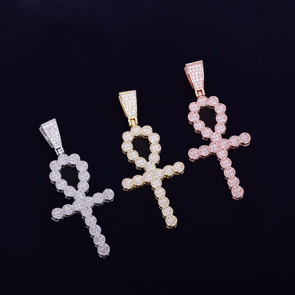 Key Of Life Ankh Cross 18k Rose Gold Silver Deep Set Micro Pave Stone Pendant Chain Necklace