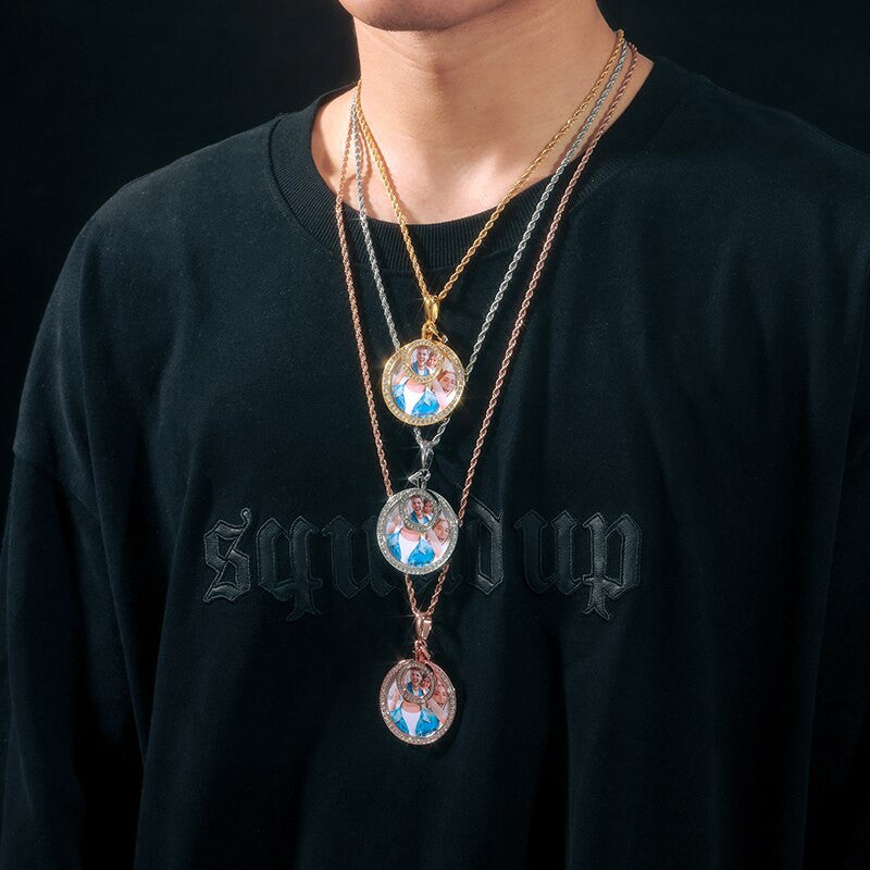 Genuine VVS Lab Diamond Double Round Sterling Silver Custom Photo Hip Hop Chains