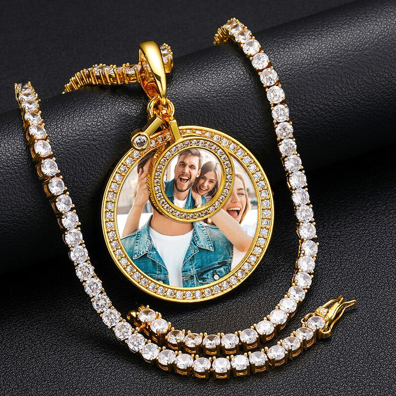 Genuine VVS Lab Diamond Double Round Sterling Silver Custom Photo Hip Hop Chains