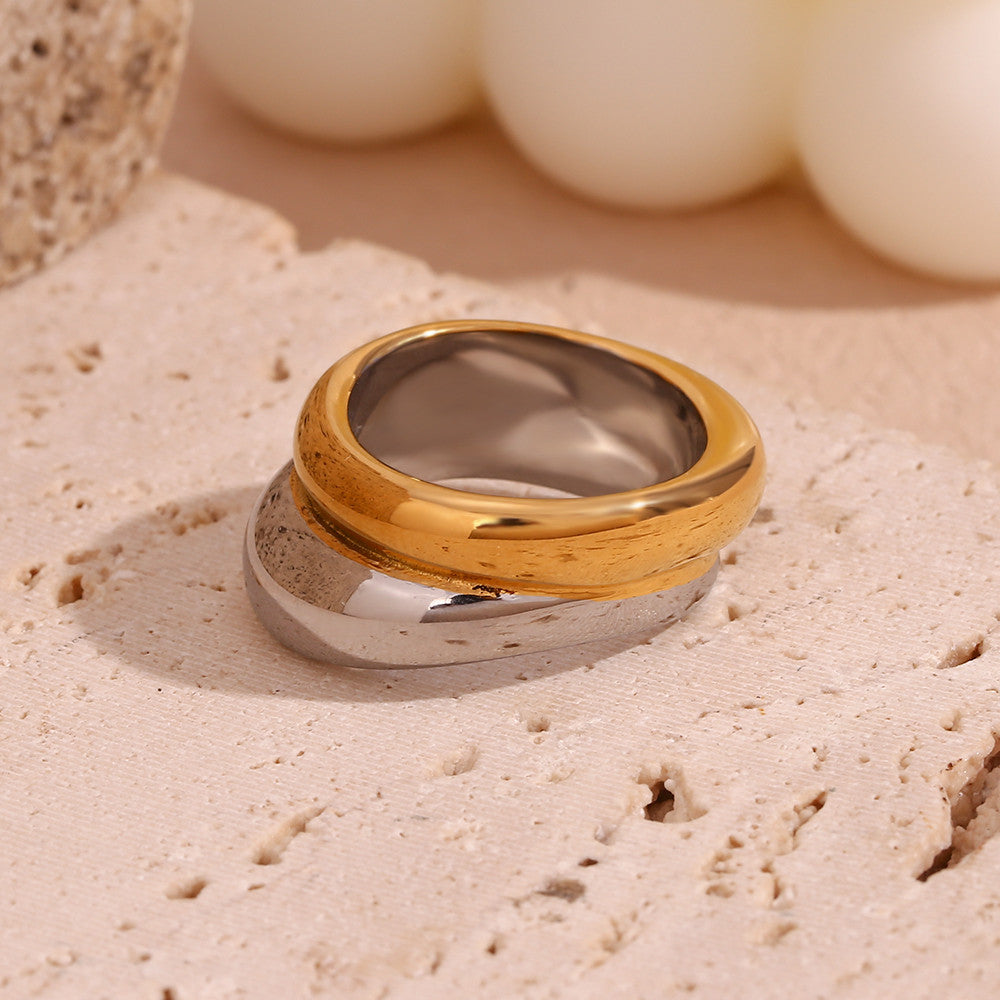 18k Gold Water Resistant Double Layered Irregular Two Tone Stainless Steel Rings