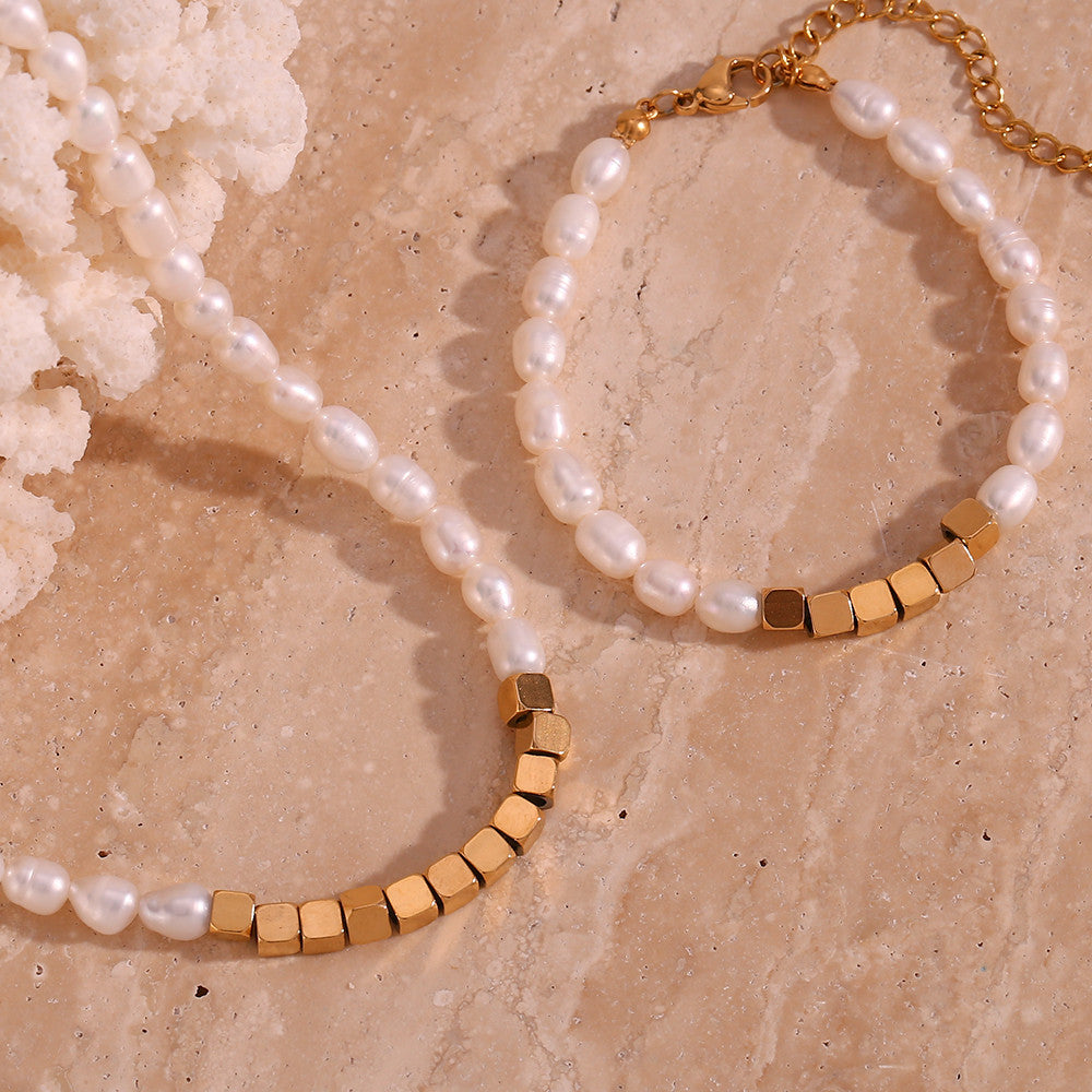 18k Gold Stainless Steel Cubic Beads Freshwater Pearl Choker Necklaces Bracelets Jewelry Set