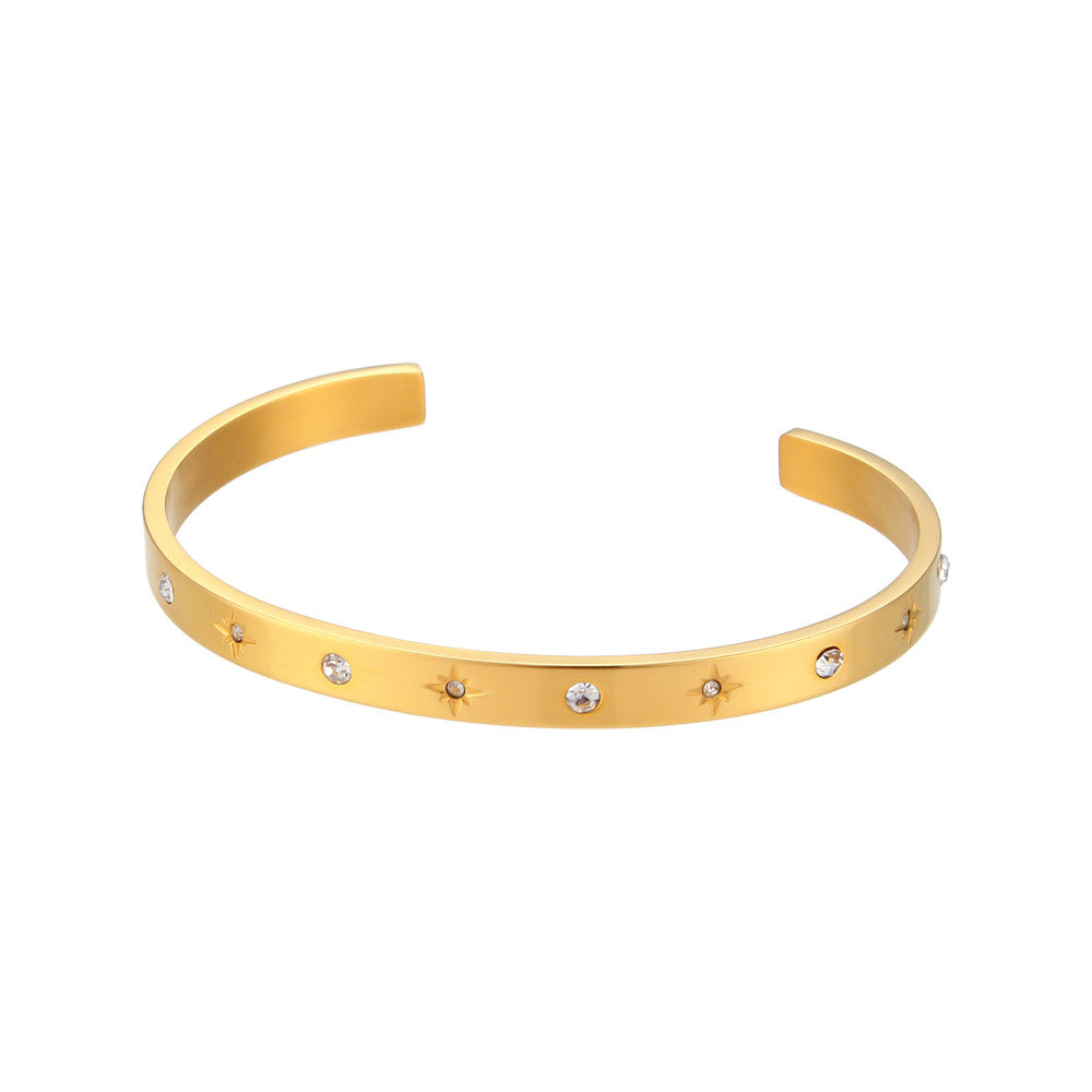 Ladies 18K Gold Tarnish Free Crystal CZ Stone Star Moon Cuff Bangles Bracelets