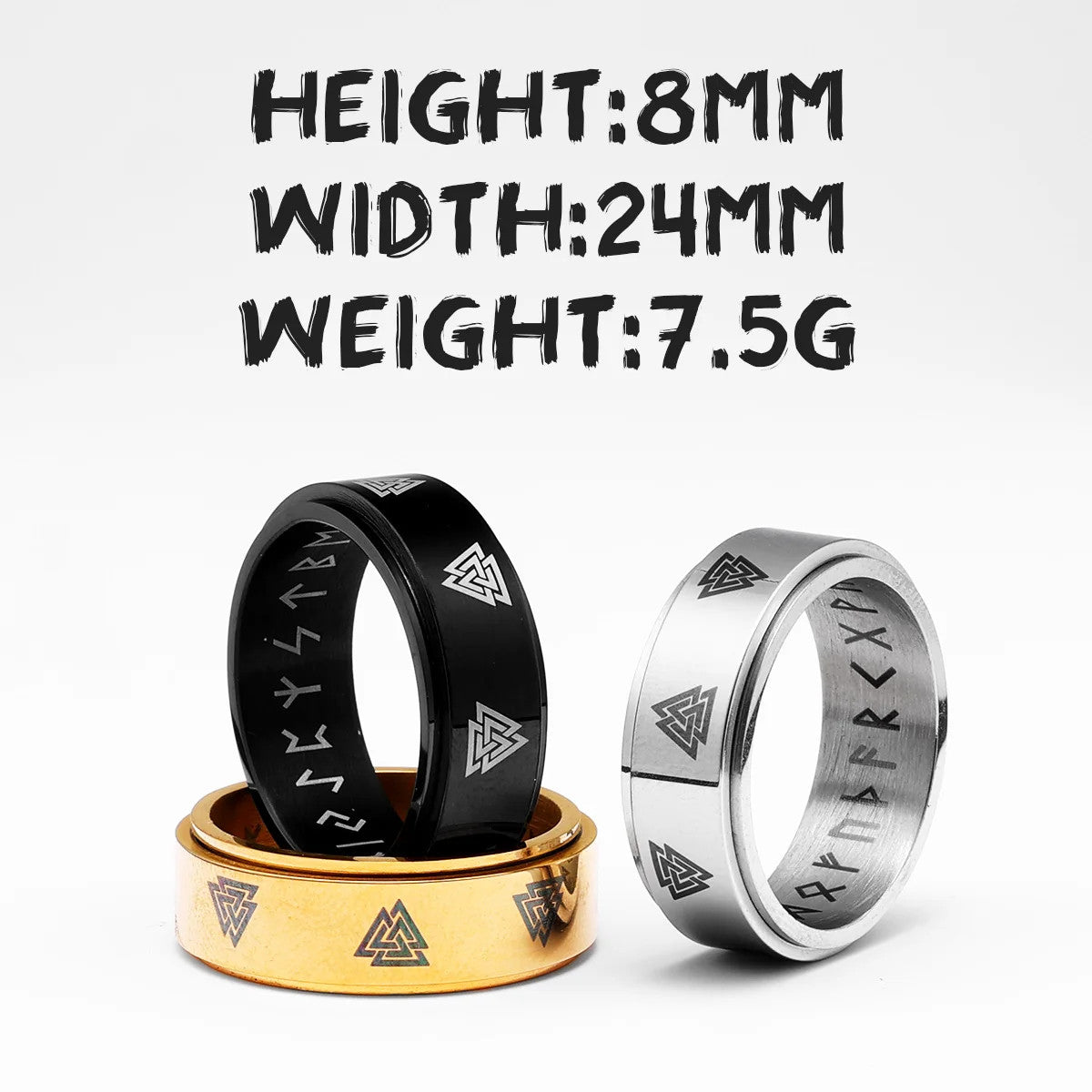 Odin's Triangle | 14k Gold Black Silver Rotating  Spinner Men Mythical Rings