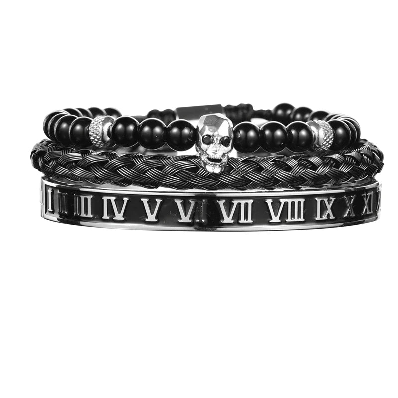 Imperial Force | Luxury Kings Crown 18k Gold Black Stainless Steel Bracelet 3 Piece Set