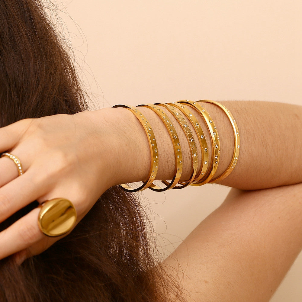 Stainless Steel 18K Gold Cuff Bangle CZ Bling Hip Hop Fashion Bracelets