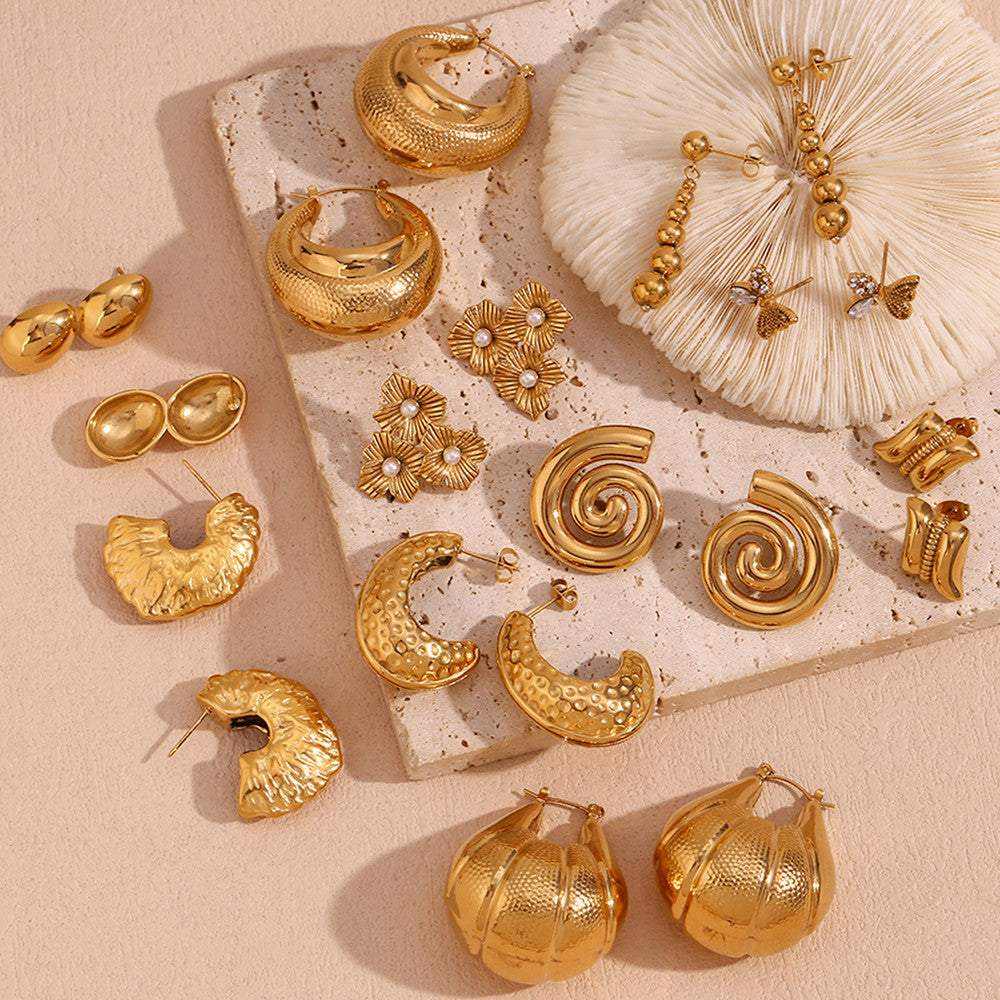 Women's Half Set Three Flower Pearl 18k Gold Stainless Steel Large Bead Earrings