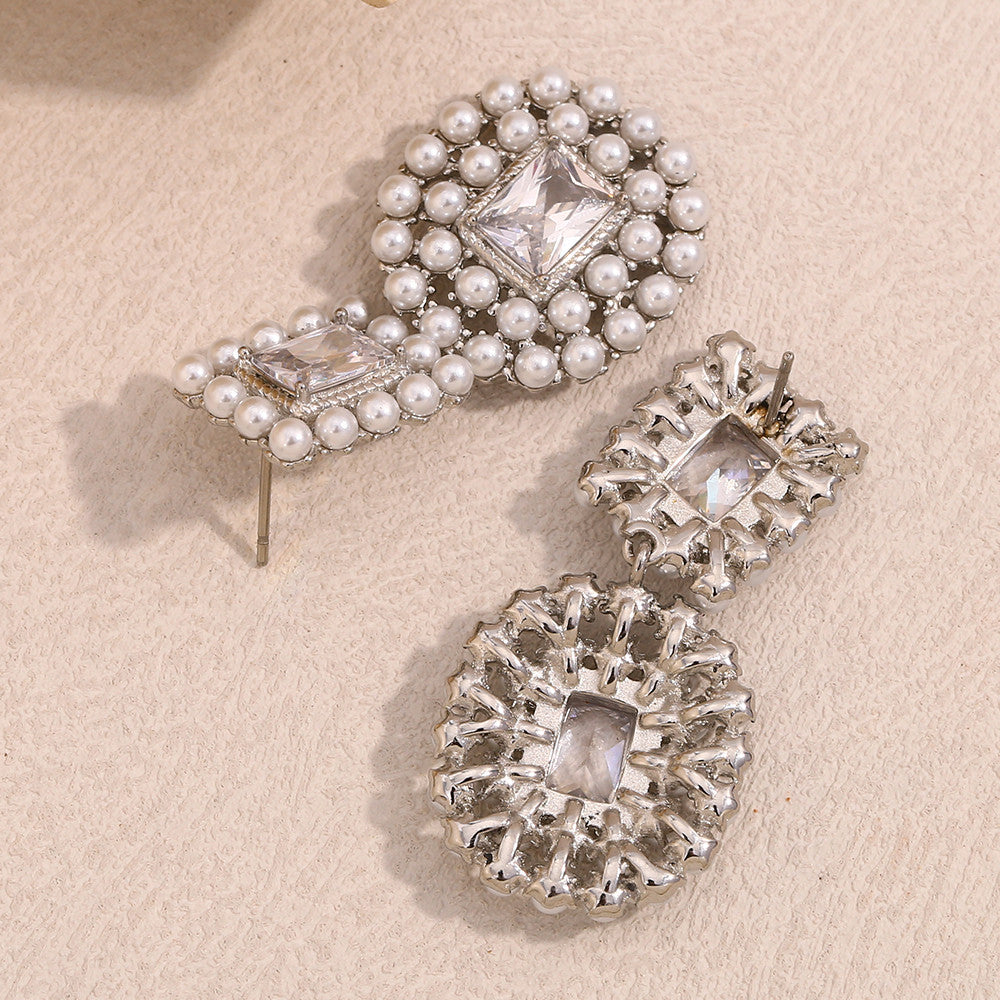 Ladies 18K Gold Waterproof Stainless Steel Luxury Square Zircon Full Pearl Stud Earrings