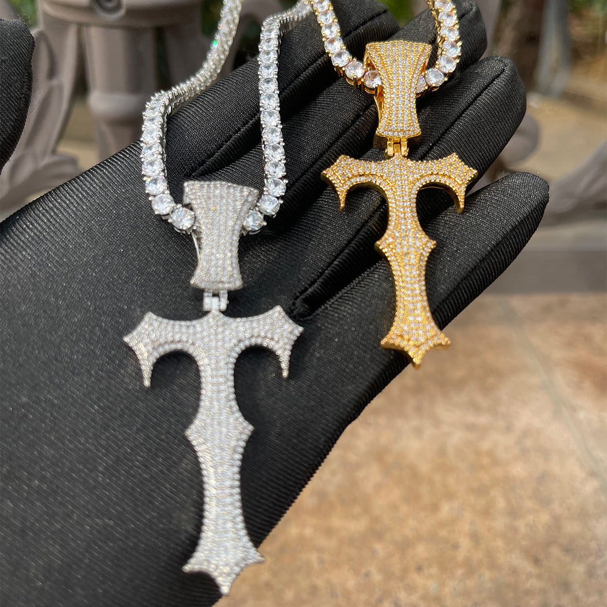 l*e様 グリッター アイスチェーン uk Frozen Ice Micro Pave Trap Star Hip Hop Cross Pendant Chain