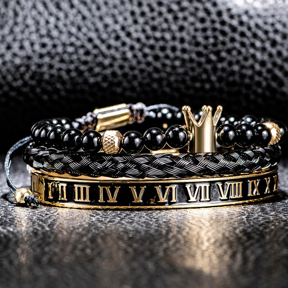 Imperial Force | Luxury Kings Crown 18k Gold Black Stainless Steel Bracelet 3 Piece Set