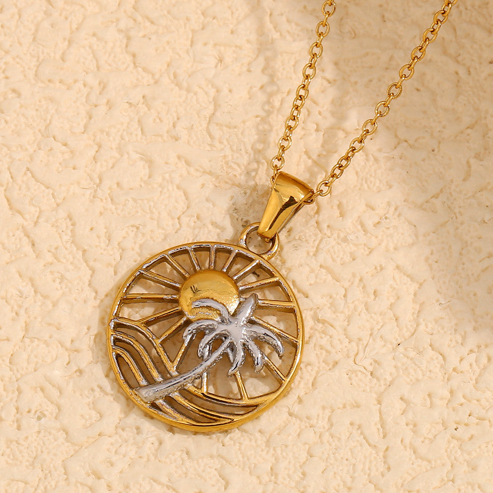 Ladies 18k Gold Waterproof Solid Stainless Steel Sun Coconut Palm Tree Pendant Necklace