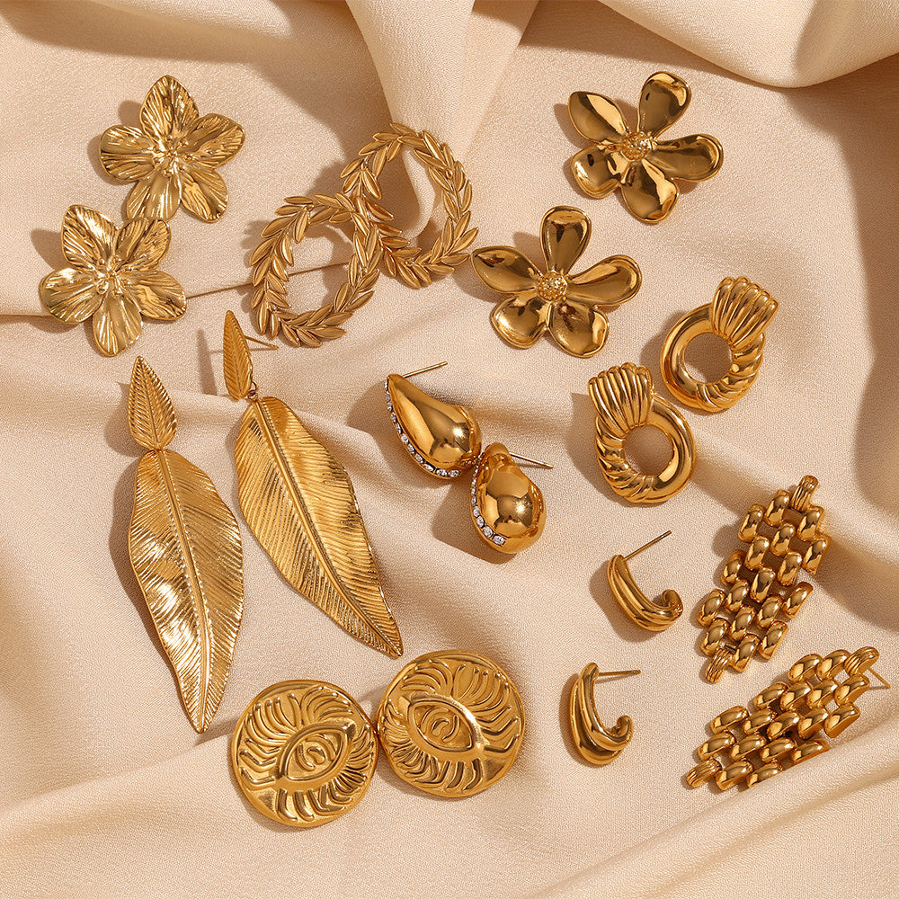 Ladies Leaf Sea Shell Tear Drop Diagonal Circular Bohemian 18k Gold No Fade Earrings