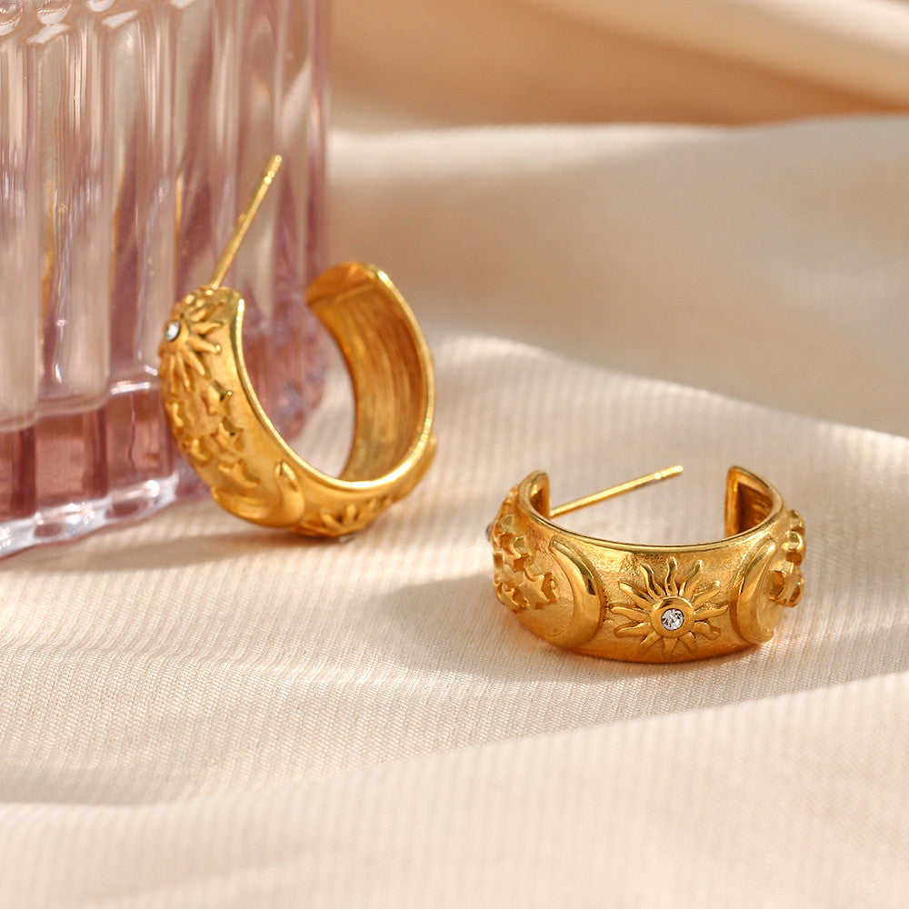 The Universe | Moon Sun Star 18k Gold Over Stainless Steel Chunky Hoop Earrings