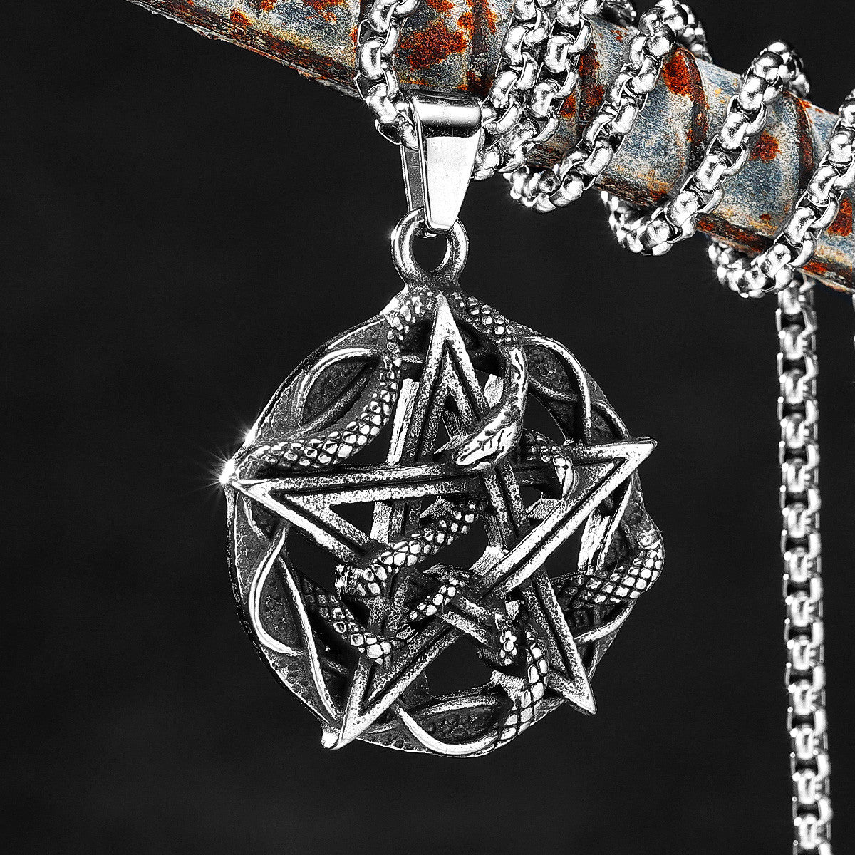 Evil Within | 316L No Fade Stainless Steel Vintage Black Pentagram Snake Hip Hop Pendant