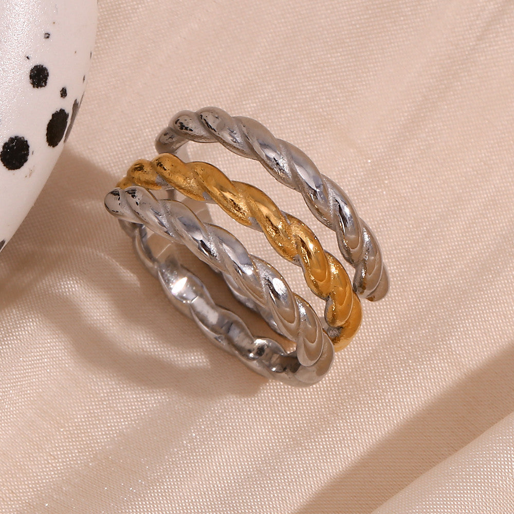 18k Gold Three Layers Twisted Opening Stainless Steel Tarnish Free Bling Ring