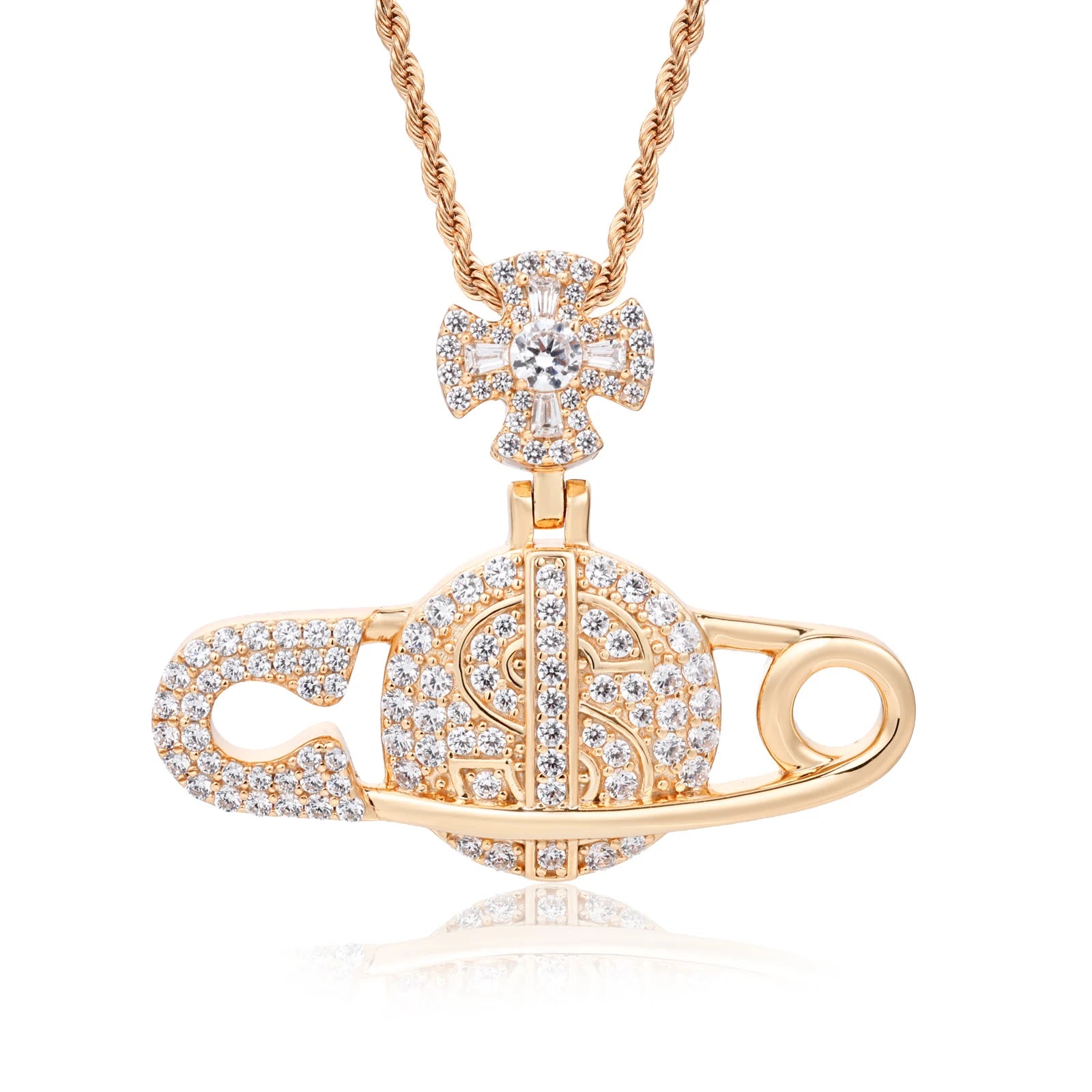 Secure The Bag ll | Iced Blinged Out Moissanite Diamond Safety Pin Money Bag Cross Pendant