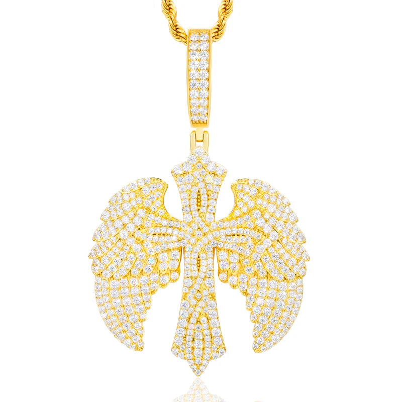 Wings Of Love | Iced Blinged Out 925 Sterling Silver Winged Cross Hip Hop Moissanite Pendant