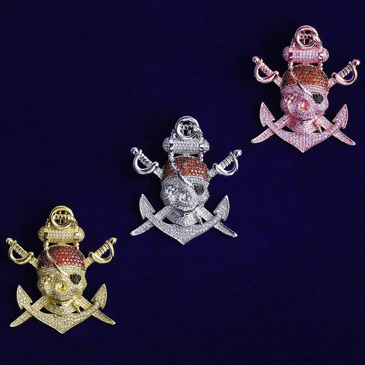 One Eyed Willie | VVS Diamond CZ Prong Set Pirate Skull Crossbones Anchor Pendant