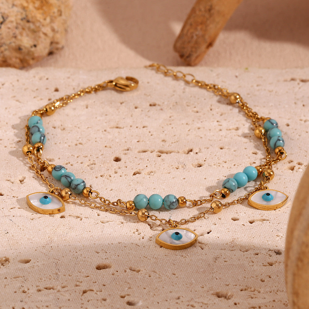 Ladies Waterproof Tarnish Free 18k Gold All Seeing Eyes Blue Turquoise Stone Ankle Bracelet