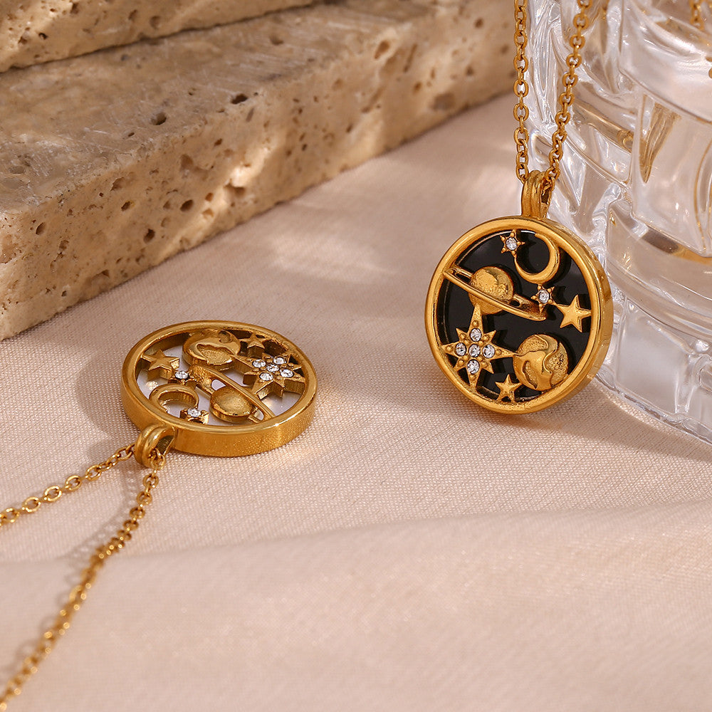 Women&#39;s Stainless Steel Black White Shell Moon Star Universe Coin 18k Gold Waterproof Necklace